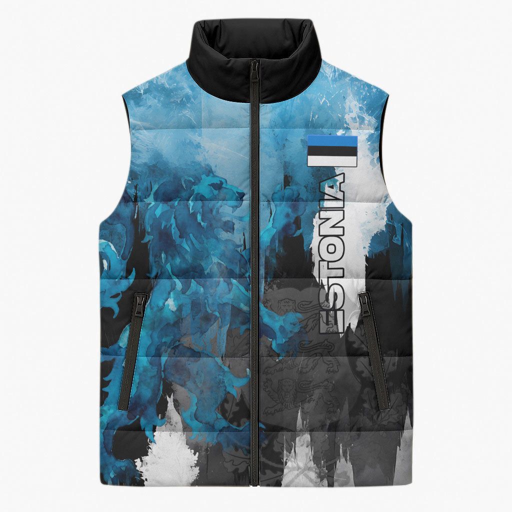 Estonia Elagu Eesti Lions Sleeveless Puffer Jacket Watercolor Splash Flag Heraldic