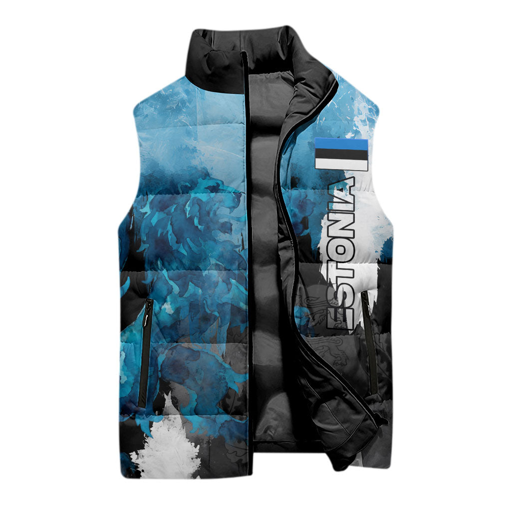 Estonia Elagu Eesti Lions Sleeveless Puffer Jacket Watercolor Splash Flag Heraldic