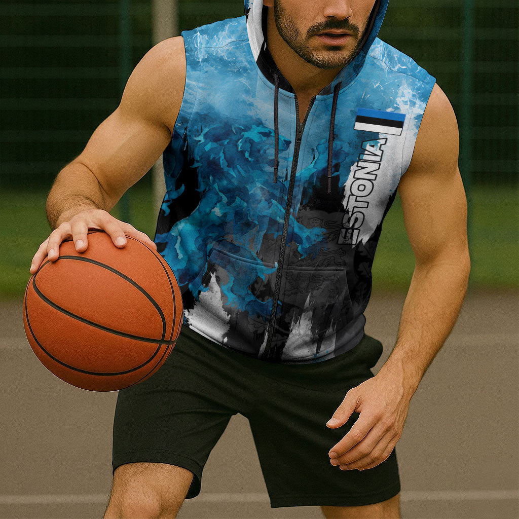 Estonia Elagu Eesti Lions Sleeveless Zip Hoodie Watercolor Splash Flag Heraldic