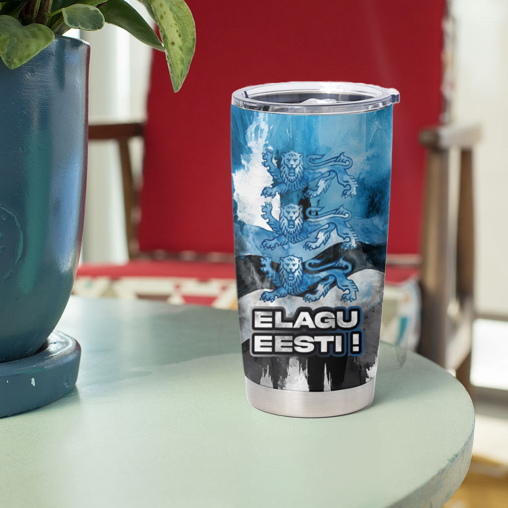 Estonia Elagu Eesti Lions Tumbler Cup Watercolor Splash Flag Heraldic