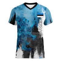 Estonia Elagu Eesti Lions Women V-Neck T-Shirt Watercolor Splash Flag Heraldic