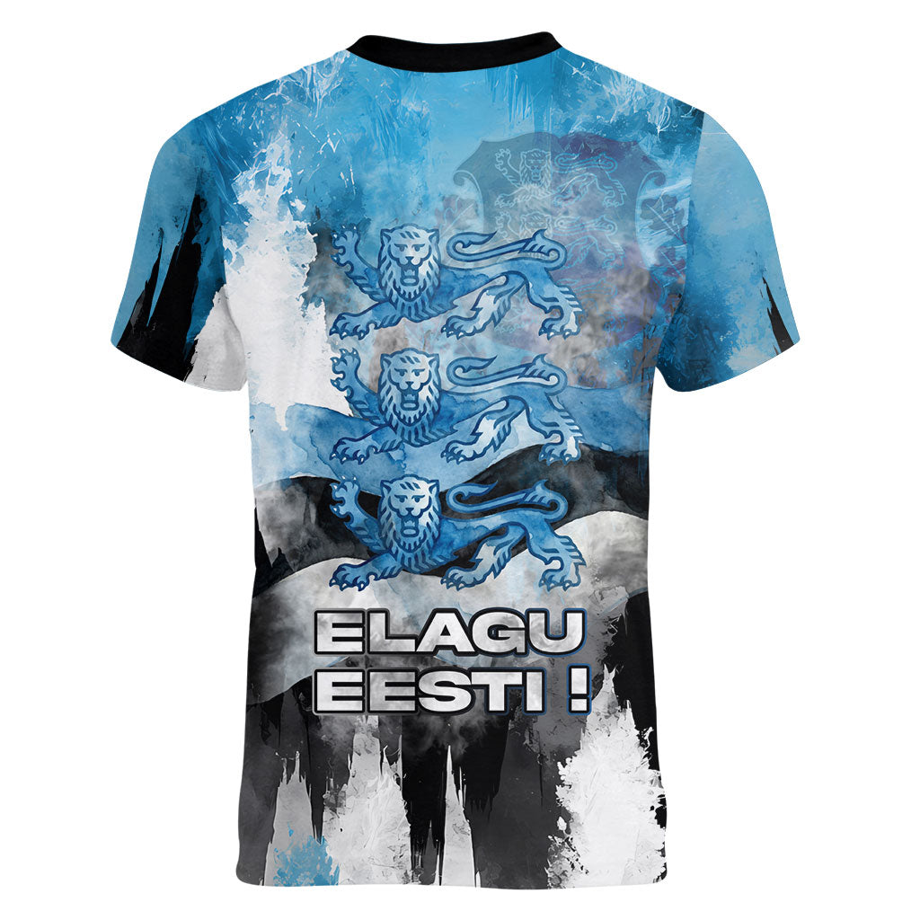 Estonia Elagu Eesti Lions Women V-Neck T-Shirt Watercolor Splash Flag Heraldic