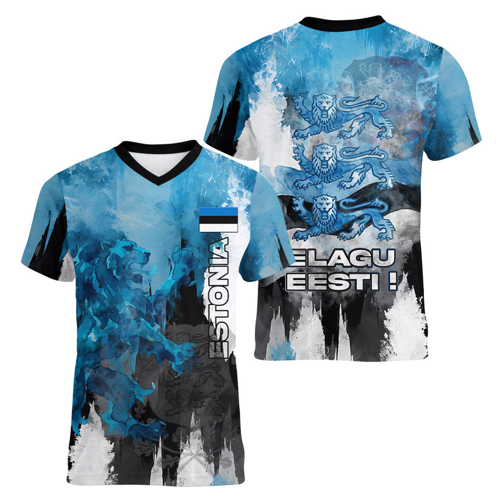 Estonia Elagu Eesti Lions Women V-Neck T-Shirt Watercolor Splash Flag Heraldic