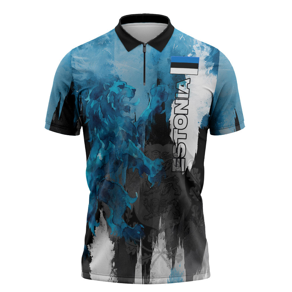 Estonia Elagu Eesti Lions Zipper Polo Shirt Watercolor Splash Flag Heraldic