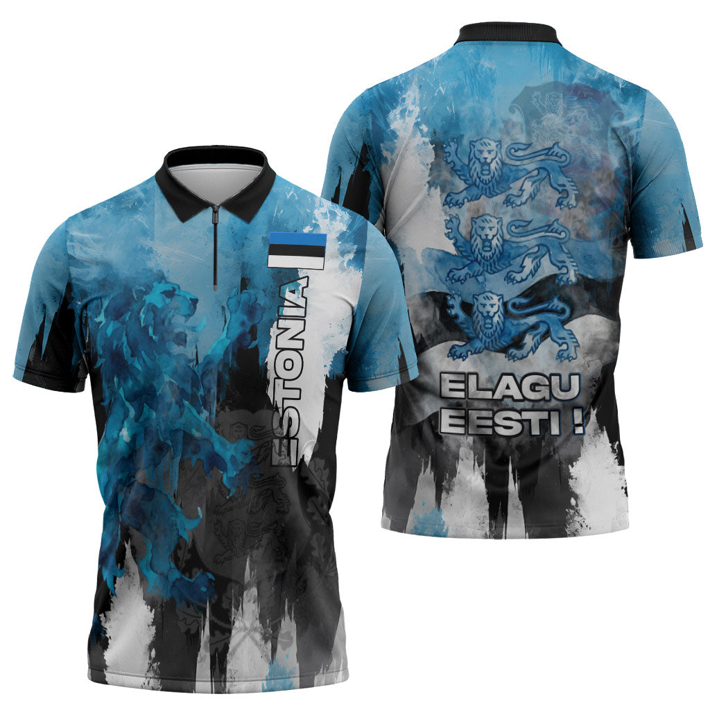 Estonia Elagu Eesti Lions Zipper Polo Shirt Watercolor Splash Flag Heraldic