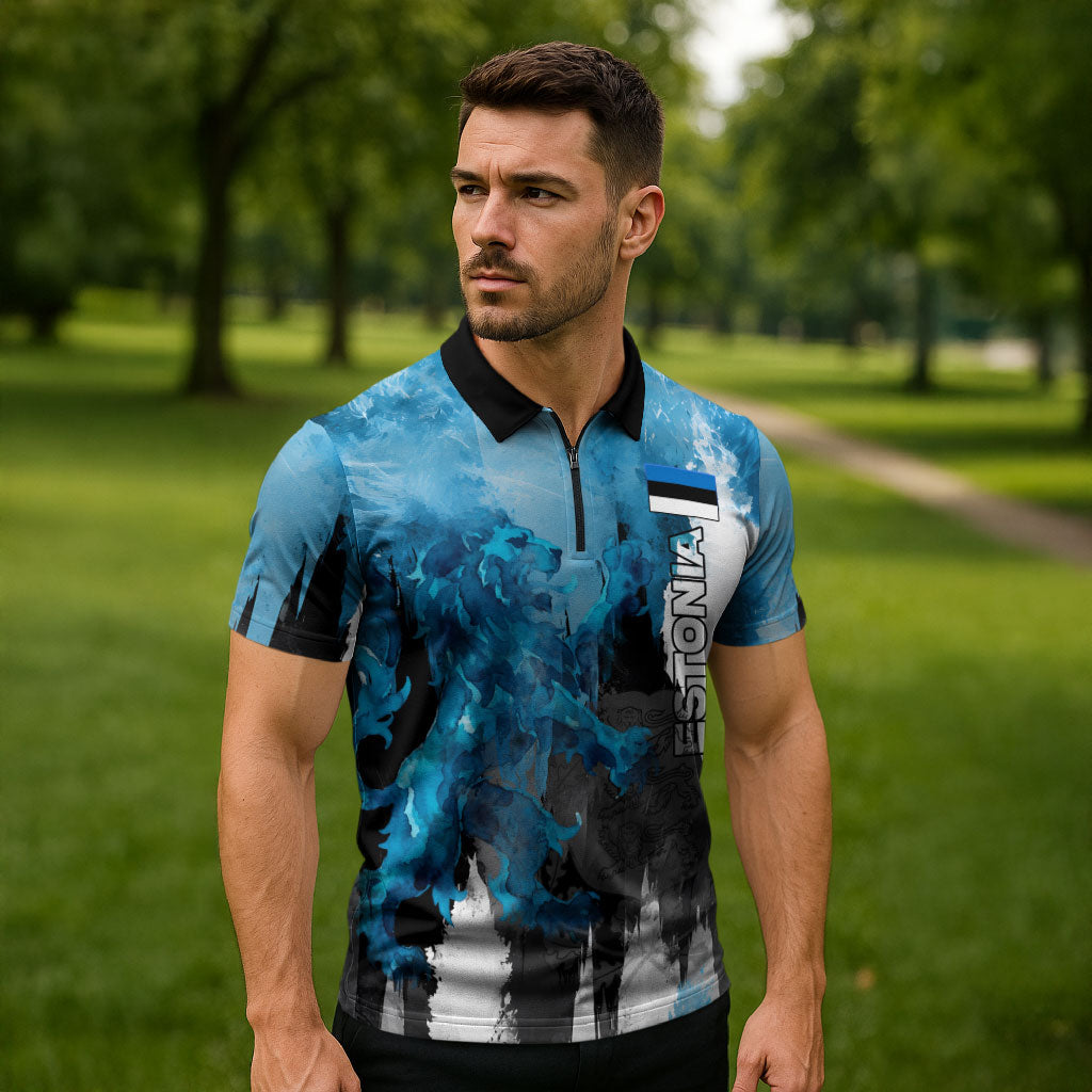 Estonia Elagu Eesti Lions Zipper Polo Shirt Watercolor Splash Flag Heraldic