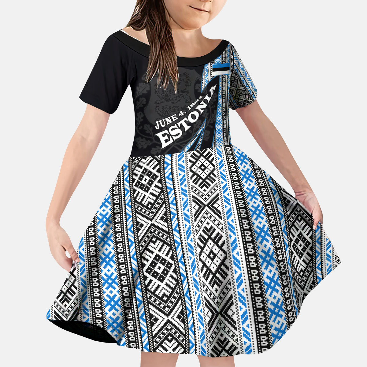 Estonia June 4 1884 Eesti Lipp Kid Short Sleeve Dress Ethnic Traditional Folk Art Flag