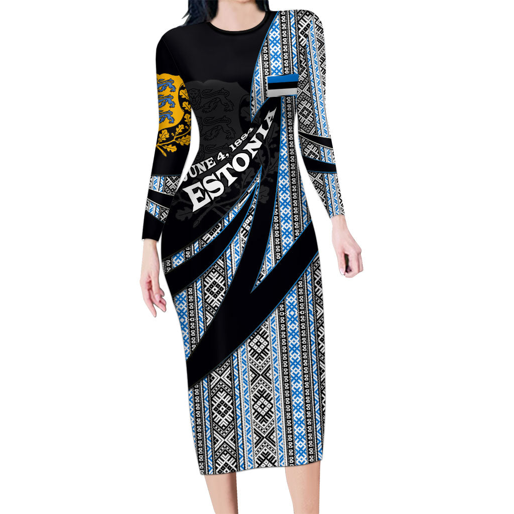 Estonia June 4 1884 Eesti Lipp Long Sleeve Bodycon Dress Ethnic Traditional Folk Art Flag