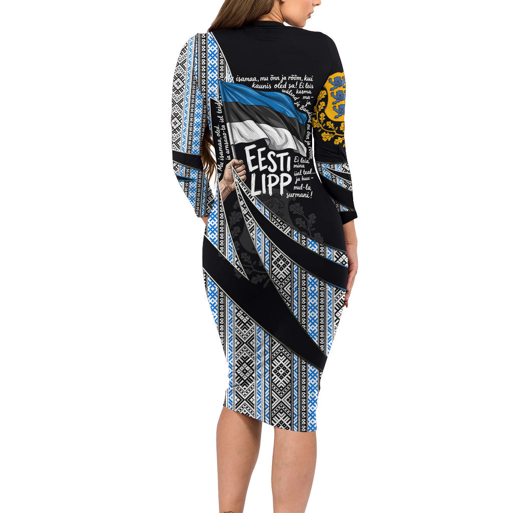 Estonia June 4 1884 Eesti Lipp Long Sleeve Bodycon Dress Ethnic Traditional Folk Art Flag