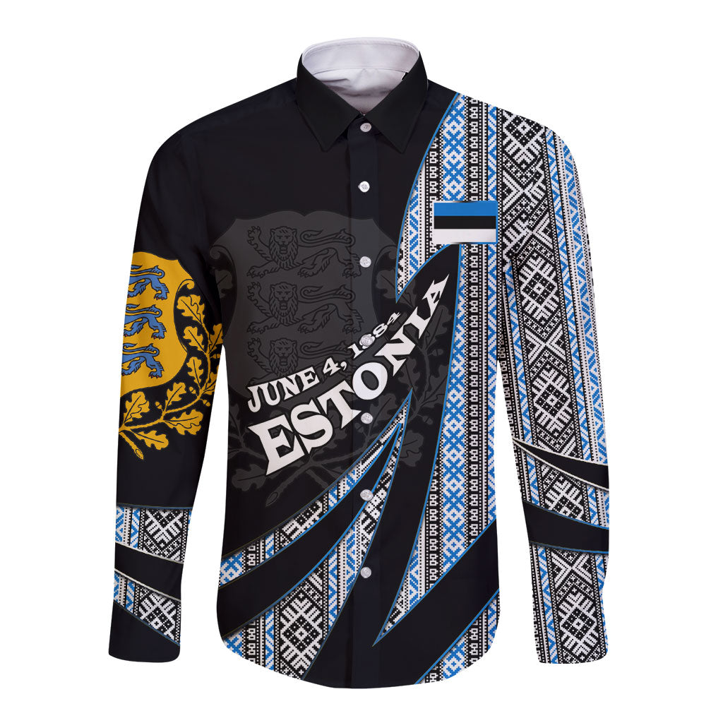 Estonia June 4 1884 Eesti Lipp Long Sleeve Button Shirt Ethnic Traditional Folk Art Flag