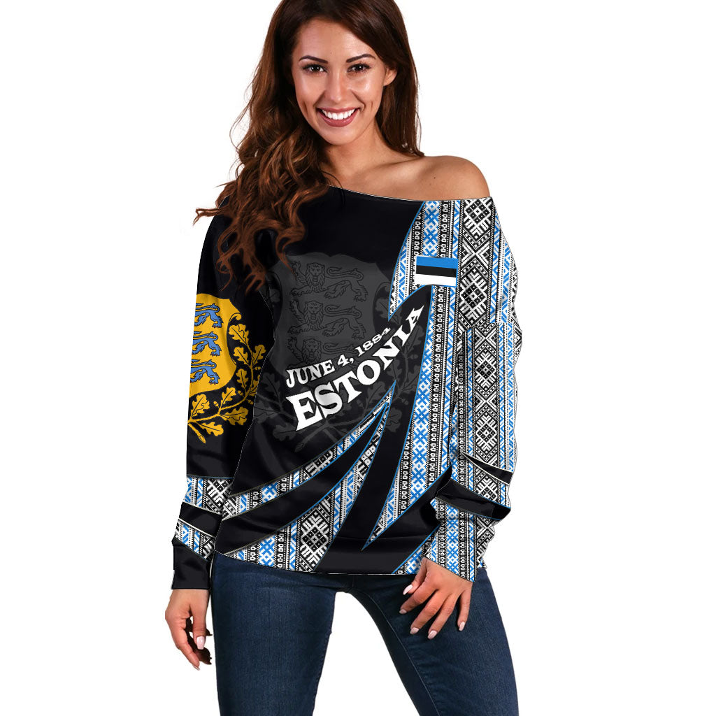 Estonia June 4 1884 Eesti Lipp Off Shoulder Sweater Ethnic Traditional Folk Art Flag