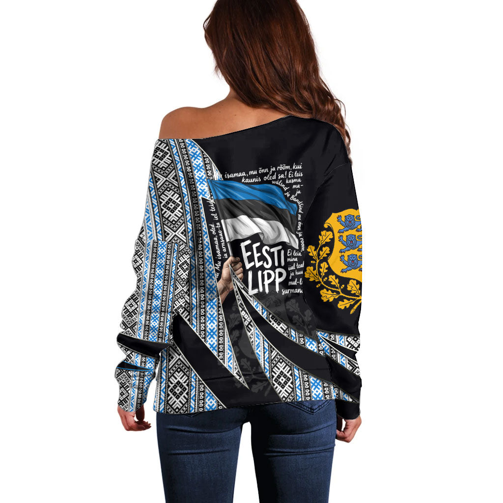 Estonia June 4 1884 Eesti Lipp Off Shoulder Sweater Ethnic Traditional Folk Art Flag