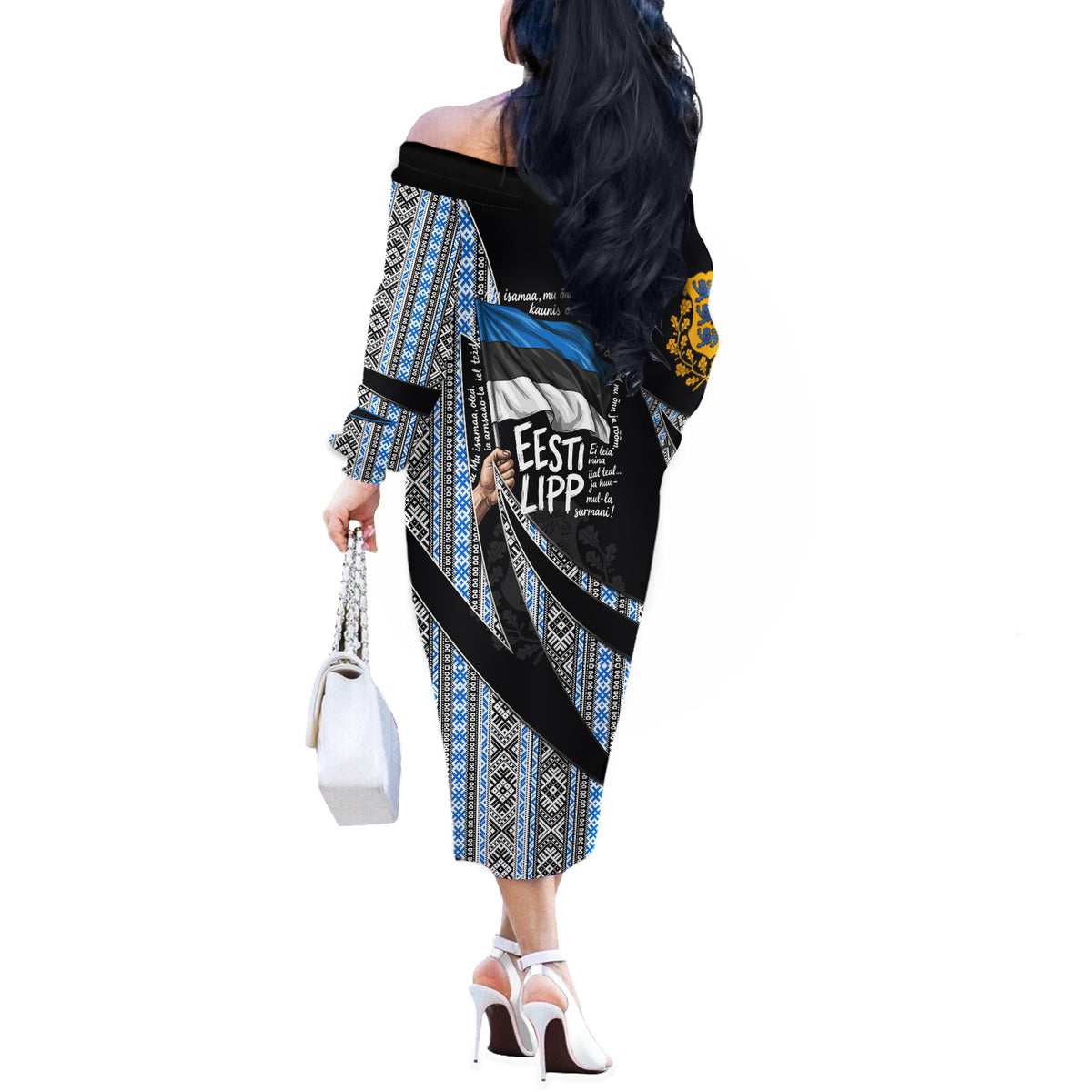 Estonia June 4 1884 Eesti Lipp Off The Shoulder Long Sleeve Dress Ethnic Traditional Folk Art Flag