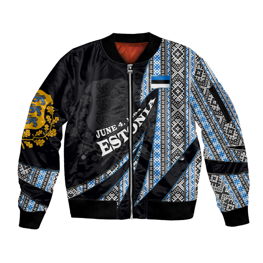 Estonia June 4 1884 Eesti Lipp Sleeve Zip Bomber Jacket Ethnic Traditional Folk Art Flag