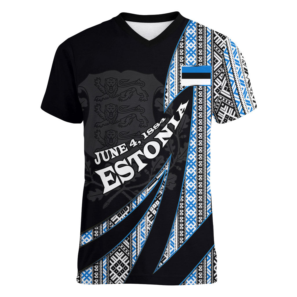 Estonia June 4 1884 Eesti Lipp Women V-Neck T-Shirt Ethnic Traditional Folk Art Flag