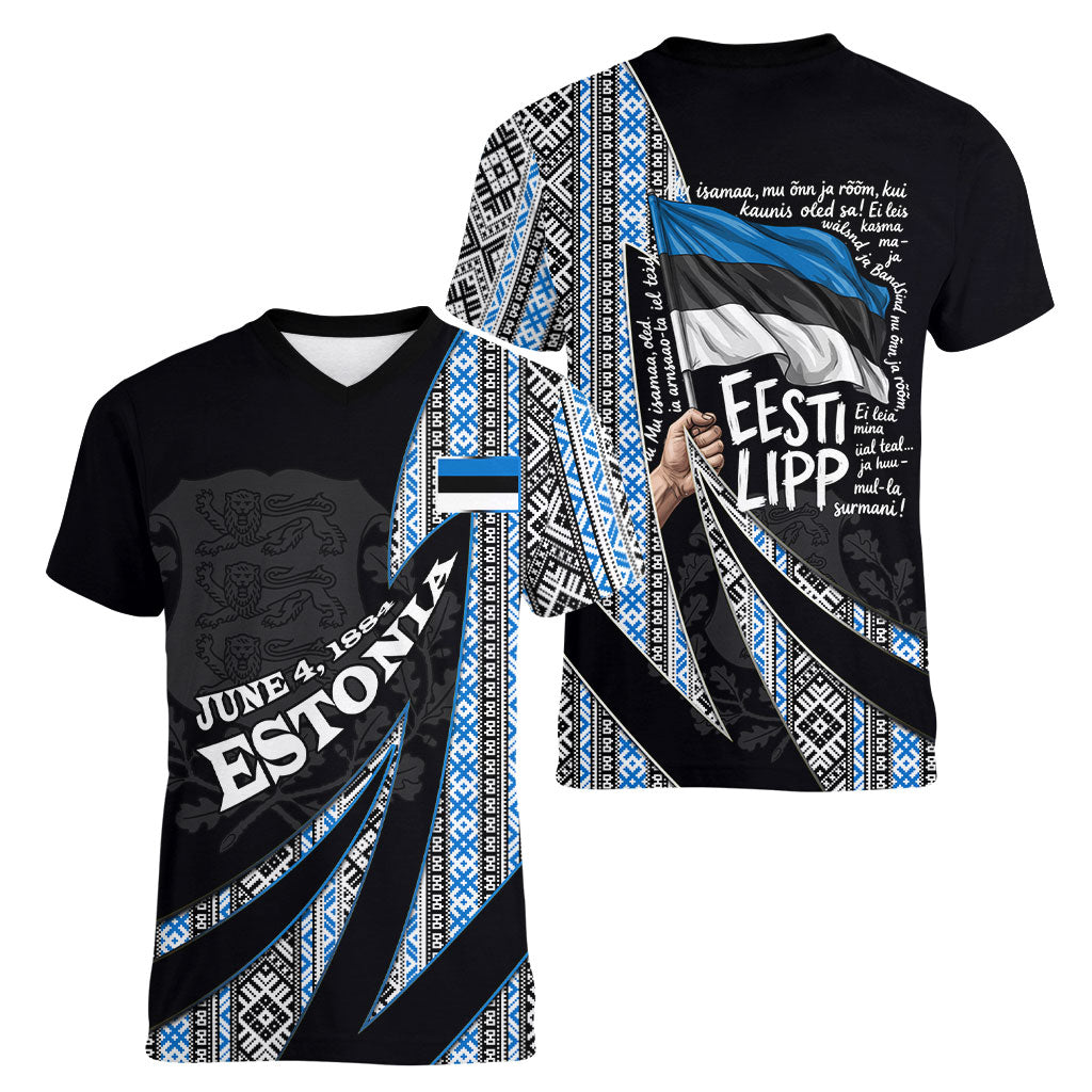 Estonia June 4 1884 Eesti Lipp Women V-Neck T-Shirt Ethnic Traditional Folk Art Flag