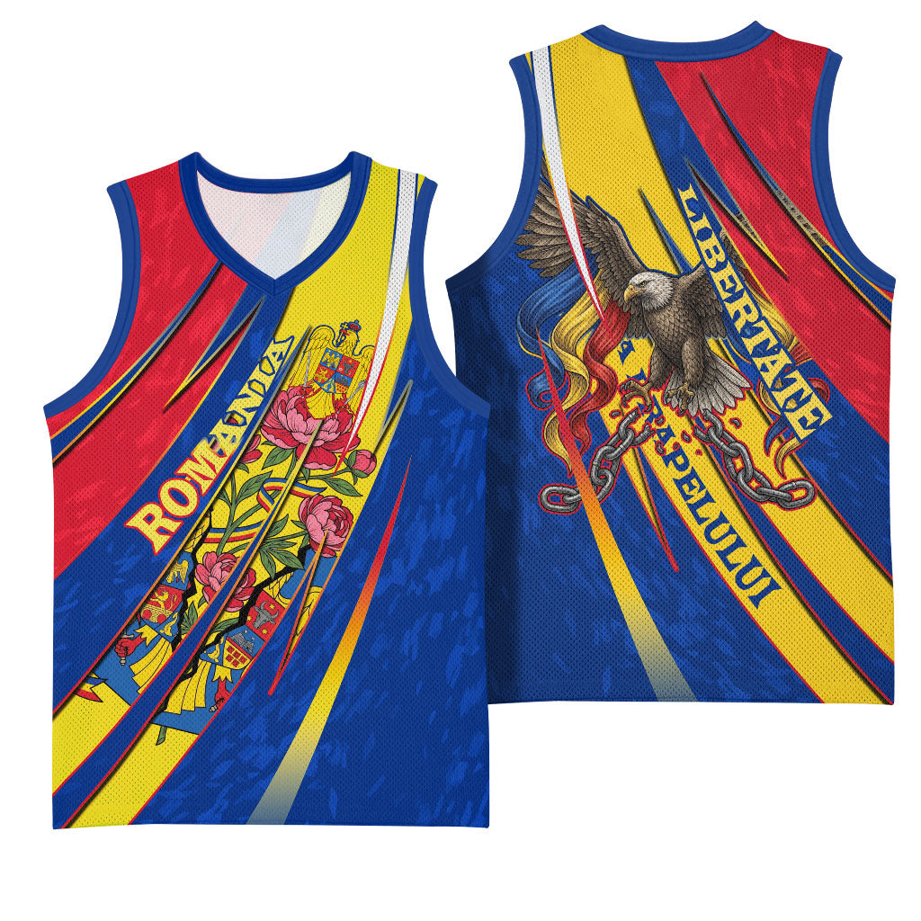 Romania Flag Day Basketball Jersey Libertate Ziua Drapelului - Eagle Patriotic Tricolor Floral
