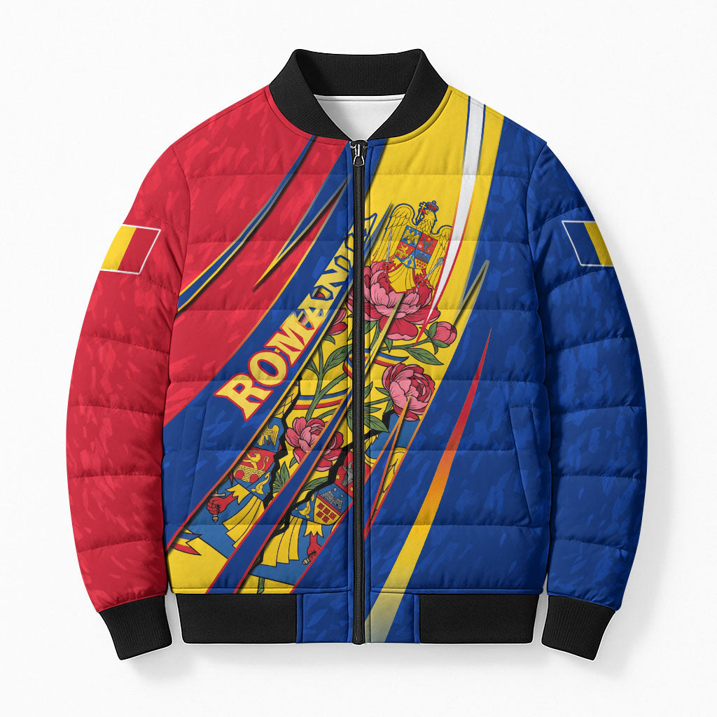 Romania Flag Day Bomber Puffer Jacket Libertate Ziua Drapelului - Eagle Patriotic Tricolor Floral