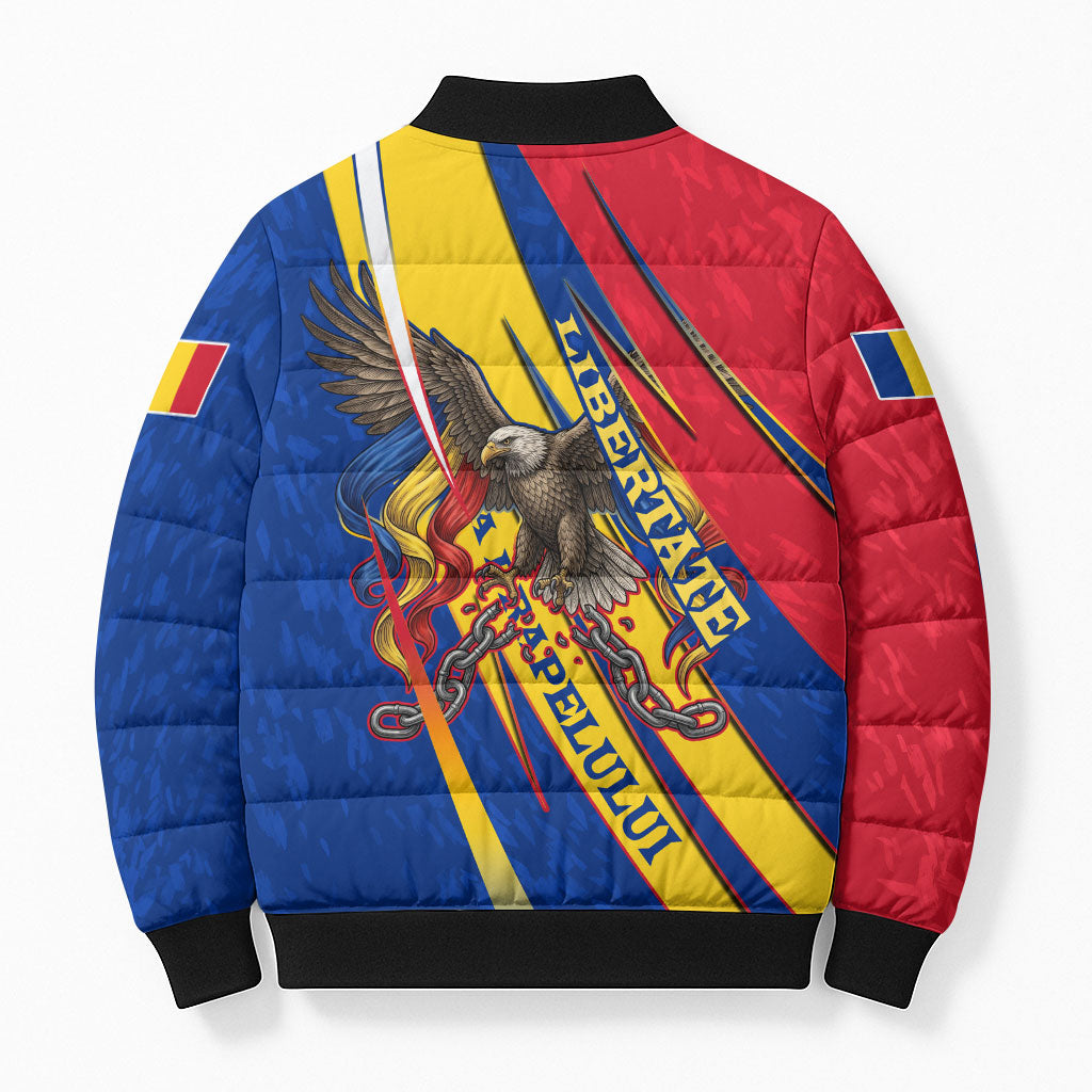 Romania Flag Day Bomber Puffer Jacket Libertate Ziua Drapelului - Eagle Patriotic Tricolor Floral
