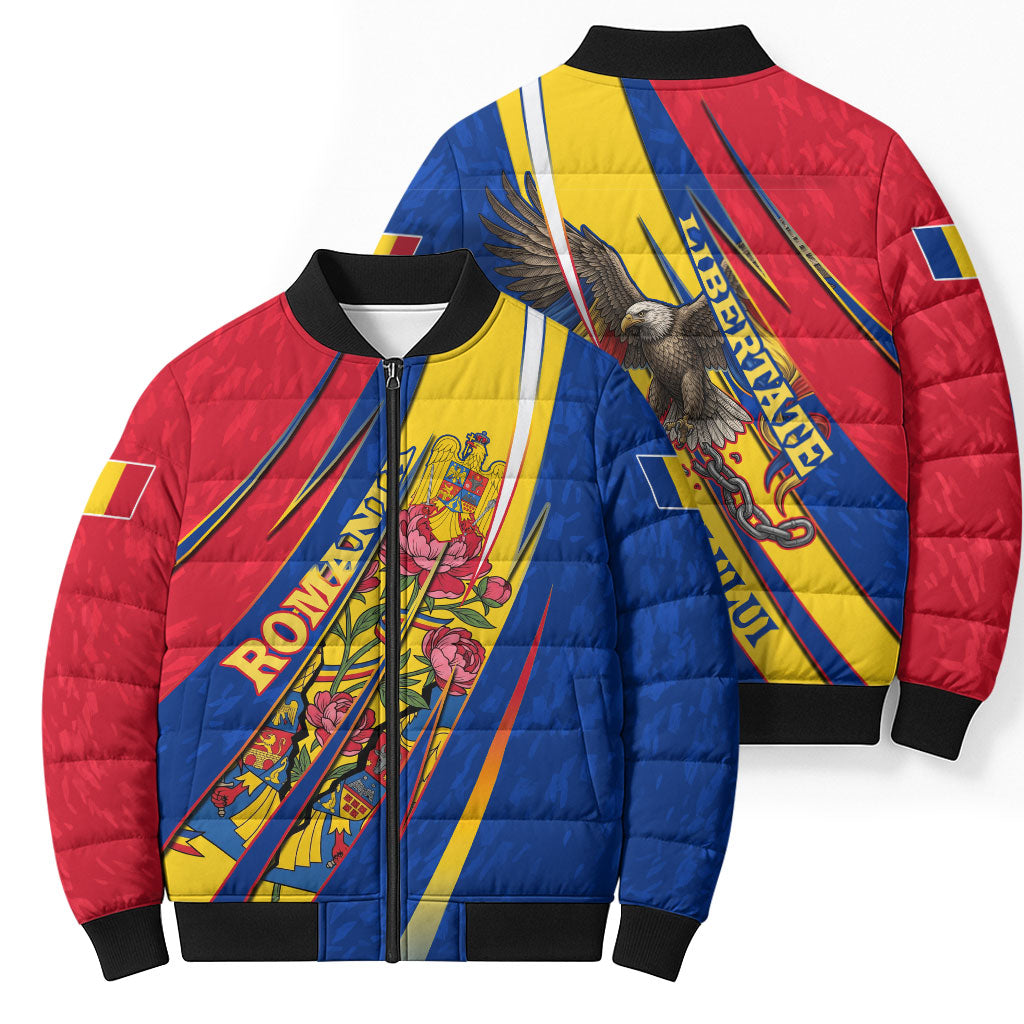 Romania Flag Day Bomber Puffer Jacket Libertate Ziua Drapelului - Eagle Patriotic Tricolor Floral