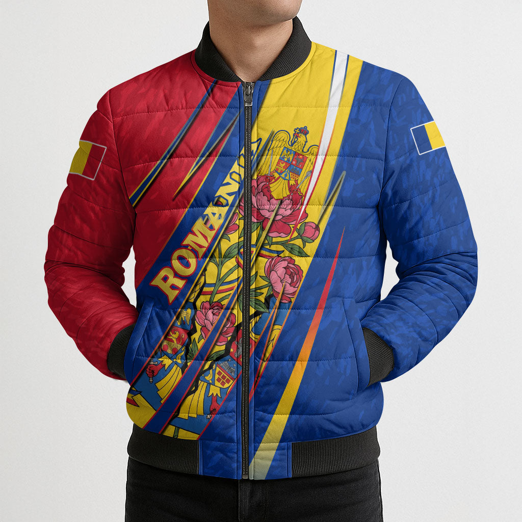 Romania Flag Day Bomber Puffer Jacket Libertate Ziua Drapelului - Eagle Patriotic Tricolor Floral