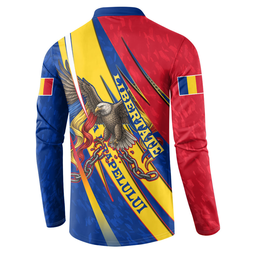 Romania Flag Day Button Sweatshirt Libertate Ziua Drapelului - Eagle Patriotic Tricolor Floral