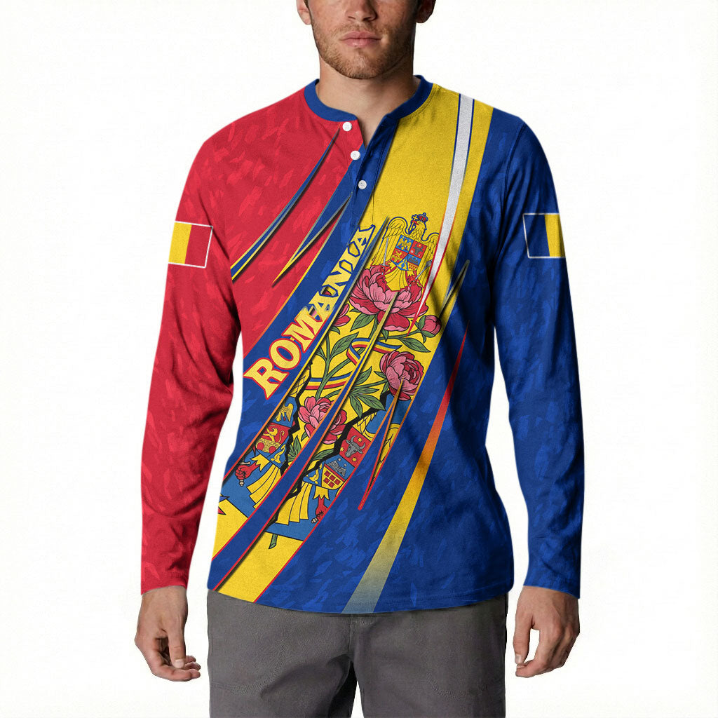 Romania Flag Day Button Sweatshirt Libertate Ziua Drapelului - Eagle Patriotic Tricolor Floral