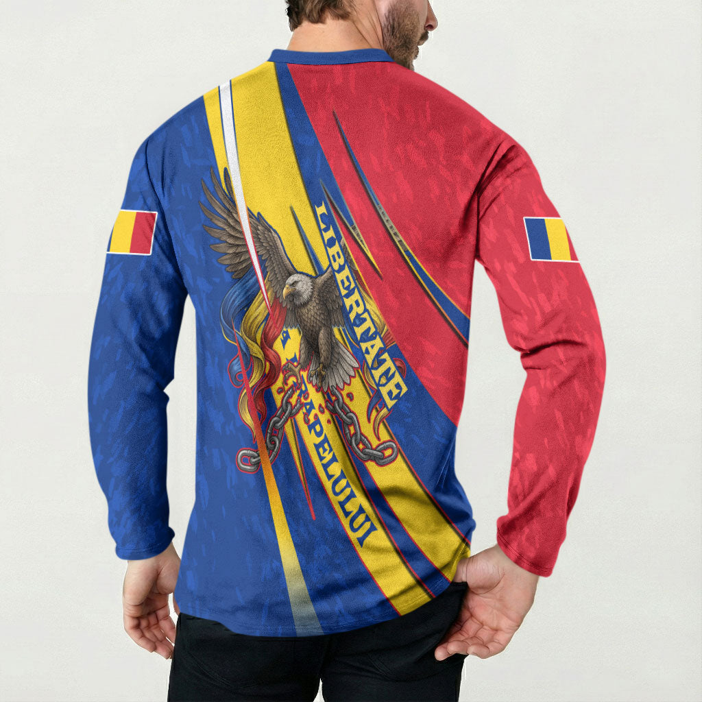 Romania Flag Day Button Sweatshirt Libertate Ziua Drapelului - Eagle Patriotic Tricolor Floral