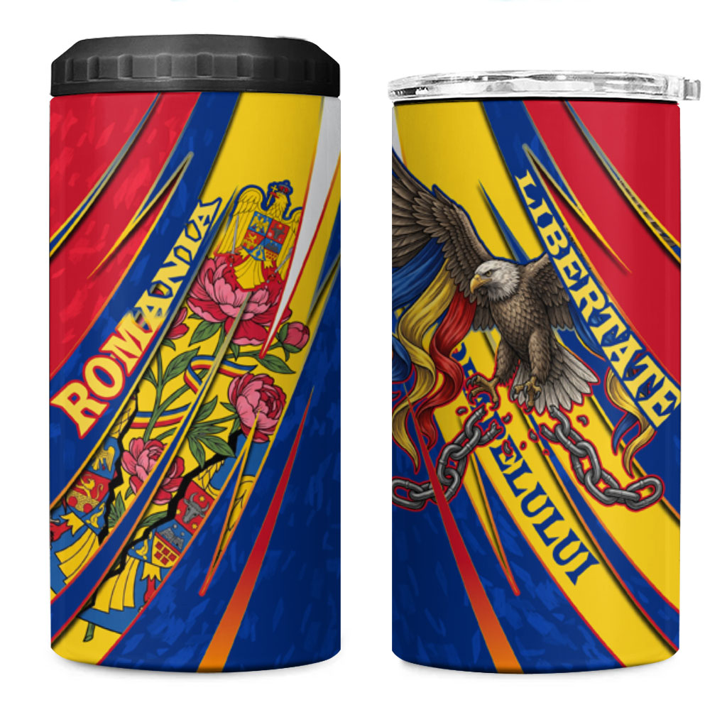 Romania Flag Day 4 in 1 Can Cooler Tumbler Libertate Ziua Drapelului - Eagle Patriotic Tricolor Floral