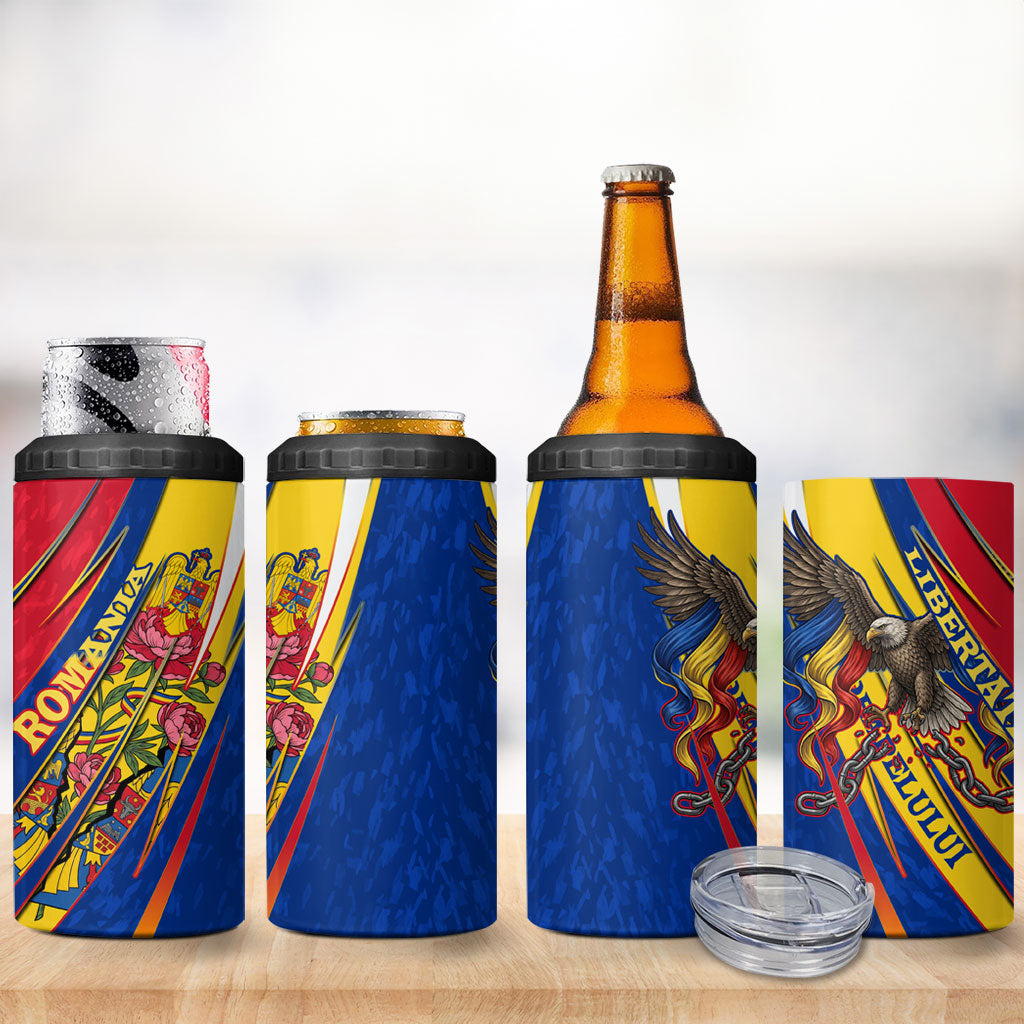 Romania Flag Day 4 in 1 Can Cooler Tumbler Libertate Ziua Drapelului - Eagle Patriotic Tricolor Floral