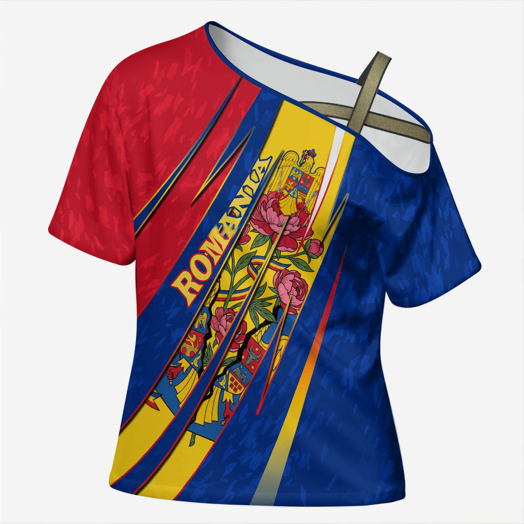 Romania Flag Day Cross Shoulder Shirt Libertate Ziua Drapelului - Eagle Patriotic Tricolor Floral