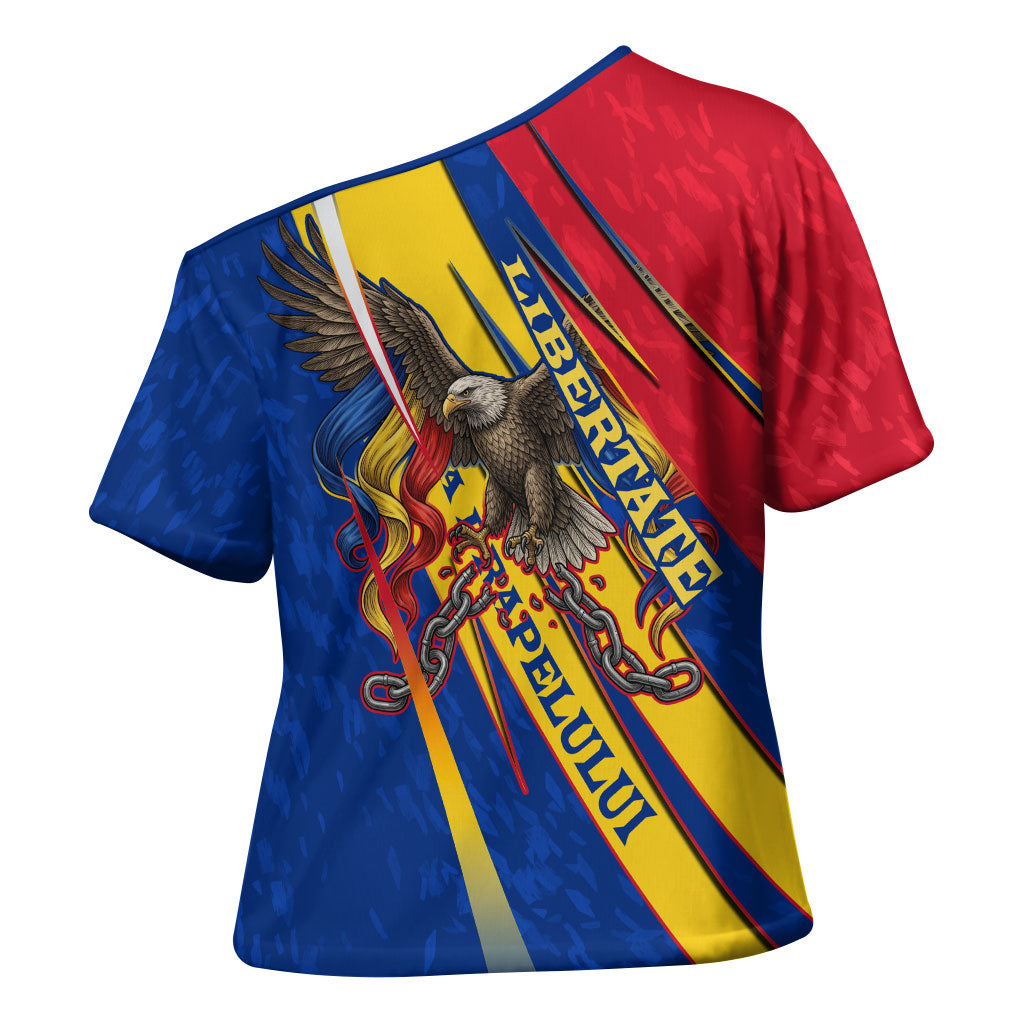 Romania Flag Day Cross Shoulder Shirt Libertate Ziua Drapelului - Eagle Patriotic Tricolor Floral