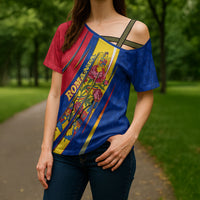 Romania Flag Day Cross Shoulder Shirt Libertate Ziua Drapelului - Eagle Patriotic Tricolor Floral