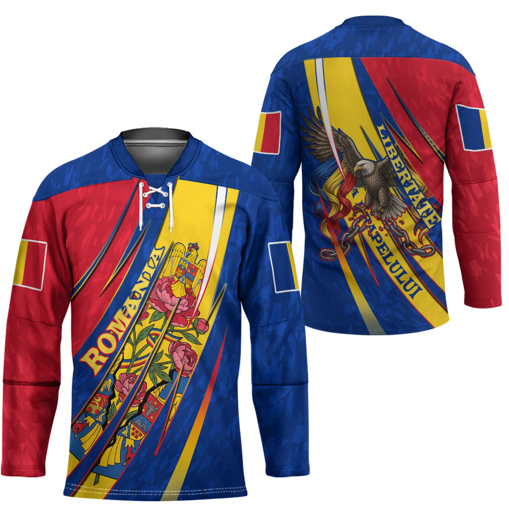 Romania Flag Day Hockey Jersey Libertate Ziua Drapelului - Eagle Patriotic Tricolor Floral