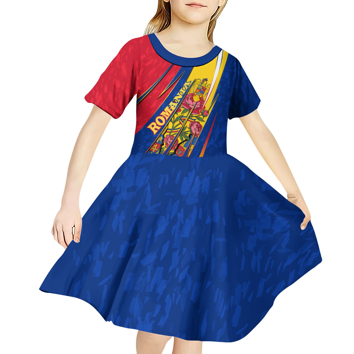 Romania Flag Day Kid Short Sleeve Dress Libertate Ziua Drapelului - Eagle Patriotic Tricolor Floral