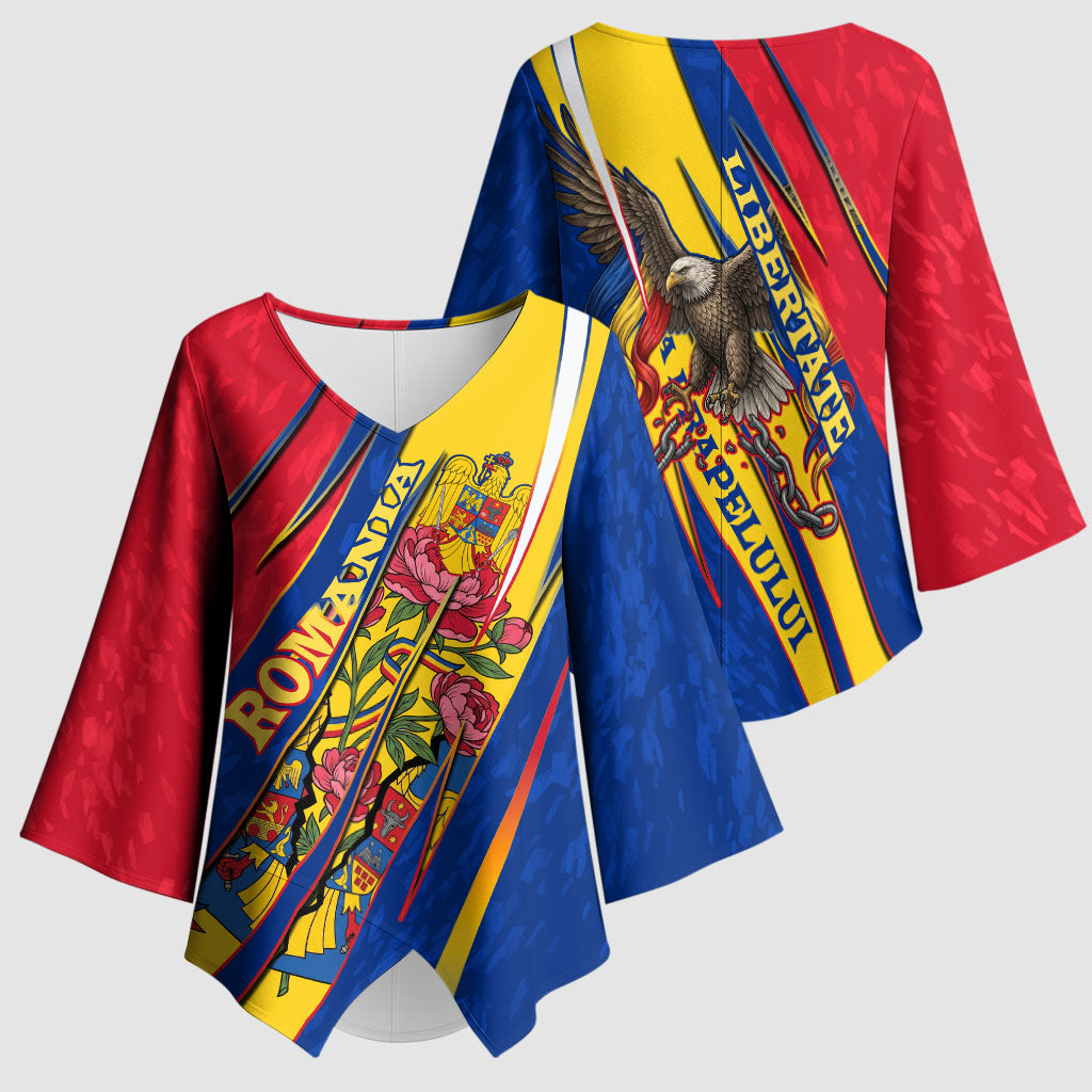 Romania Flag Day Kimono Sleeve Blouse Libertate Ziua Drapelului - Eagle Patriotic Tricolor Floral