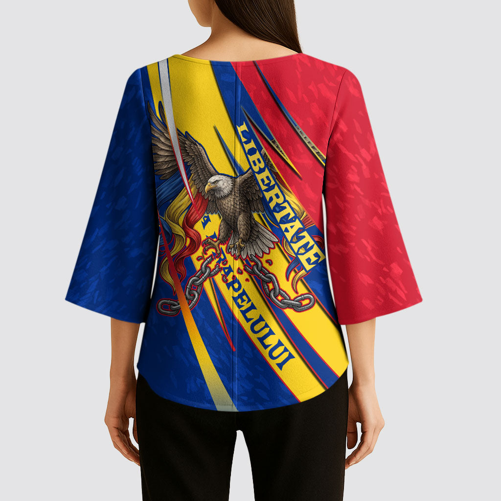 Romania Flag Day Kimono Sleeve Blouse Libertate Ziua Drapelului - Eagle Patriotic Tricolor Floral