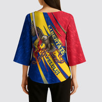 Romania Flag Day Kimono Sleeve Blouse Libertate Ziua Drapelului - Eagle Patriotic Tricolor Floral