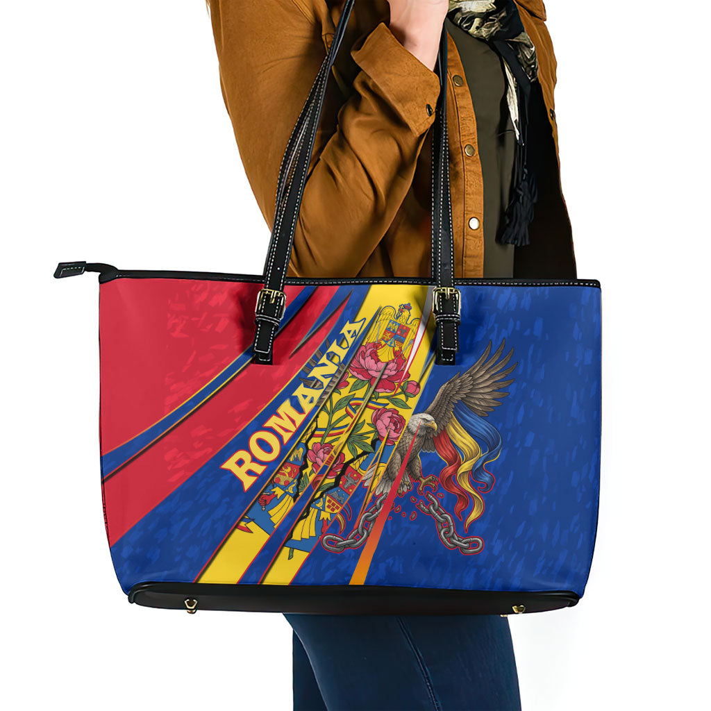 Romania Flag Day Leather Tote Bag Libertate Ziua Drapelului - Eagle Patriotic Tricolor Floral