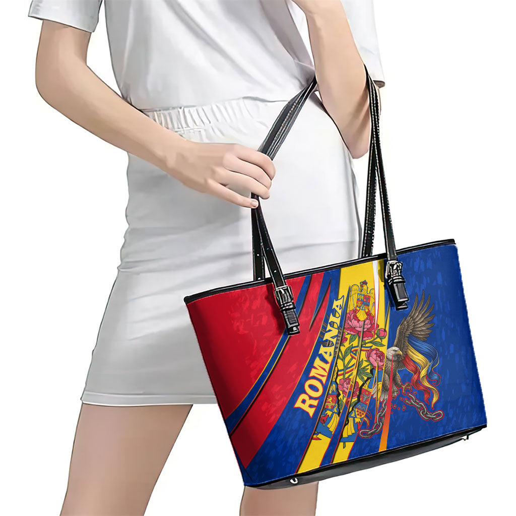 Romania Flag Day Leather Tote Bag Libertate Ziua Drapelului - Eagle Patriotic Tricolor Floral