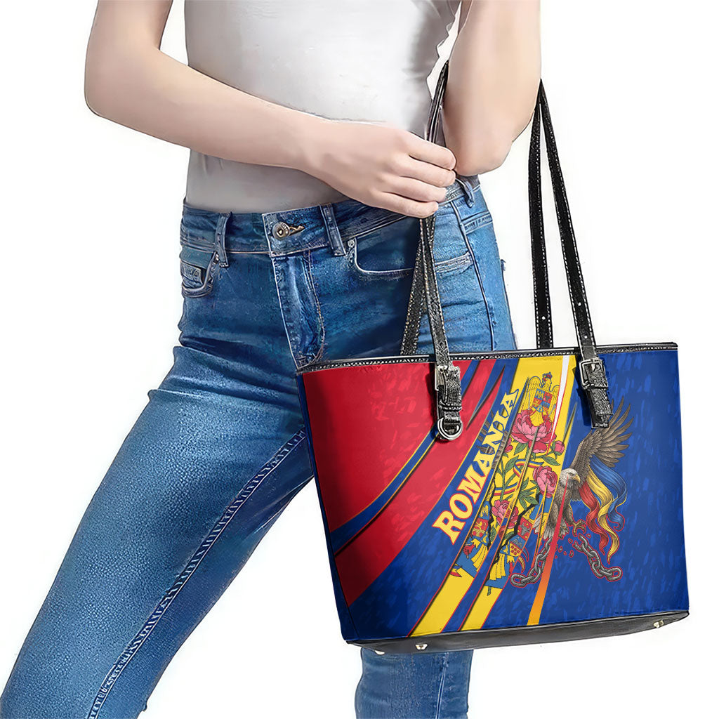 Romania Flag Day Leather Tote Bag Libertate Ziua Drapelului - Eagle Patriotic Tricolor Floral
