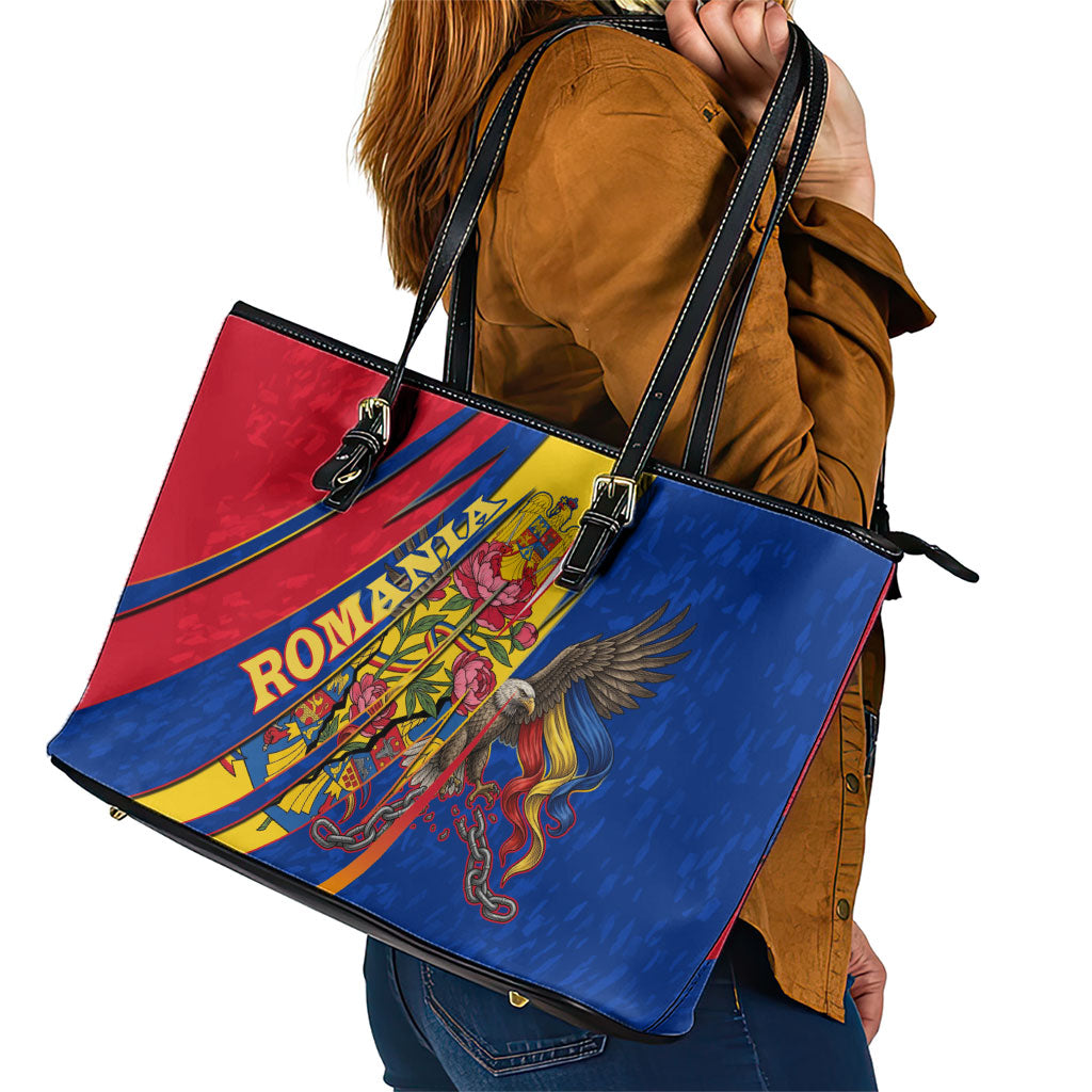 Romania Flag Day Leather Tote Bag Libertate Ziua Drapelului - Eagle Patriotic Tricolor Floral