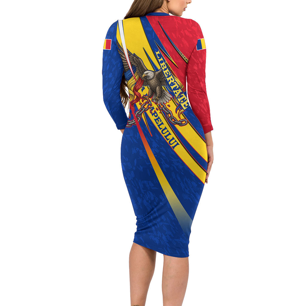 Romania Flag Day Long Sleeve Bodycon Dress Libertate Ziua Drapelului - Eagle Patriotic Tricolor Floral