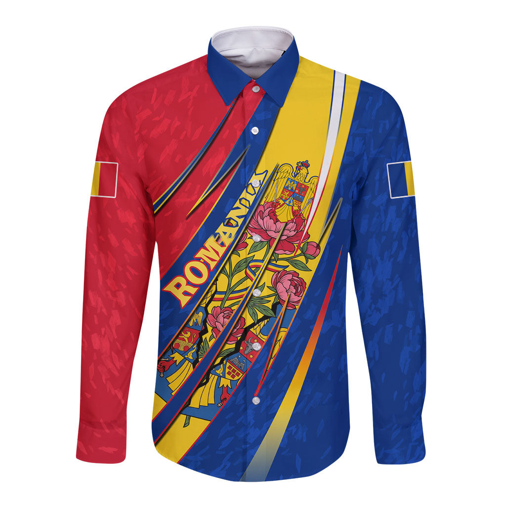 Romania Flag Day Long Sleeve Button Shirt Libertate Ziua Drapelului - Eagle Patriotic Tricolor Floral