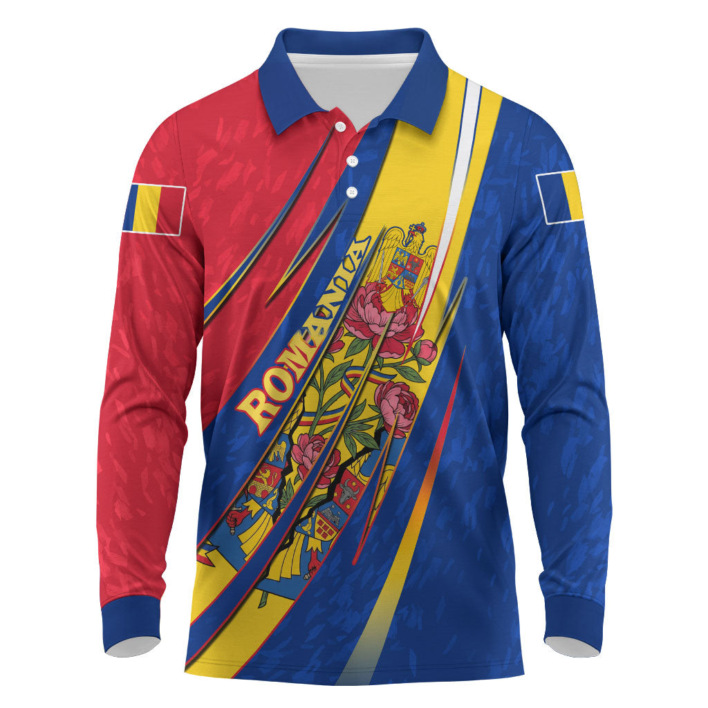 Romania Flag Day Long Sleeve Polo Shirt Libertate Ziua Drapelului - Eagle Patriotic Tricolor Floral