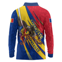 Romania Flag Day Long Sleeve Polo Shirt Libertate Ziua Drapelului - Eagle Patriotic Tricolor Floral