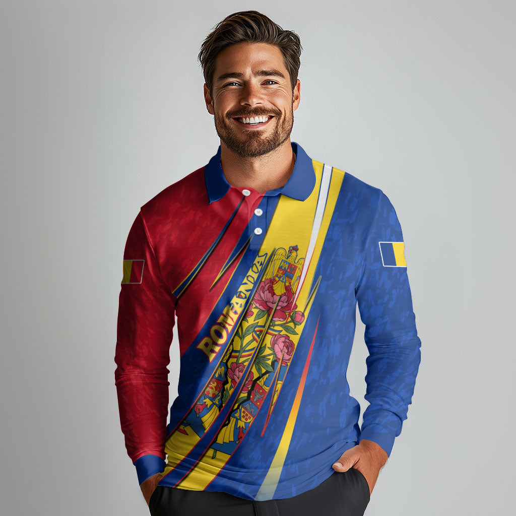 Romania Flag Day Long Sleeve Polo Shirt Libertate Ziua Drapelului - Eagle Patriotic Tricolor Floral
