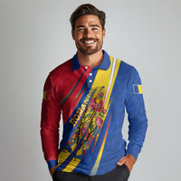 Romania Flag Day Long Sleeve Polo Shirt Libertate Ziua Drapelului - Eagle Patriotic Tricolor Floral