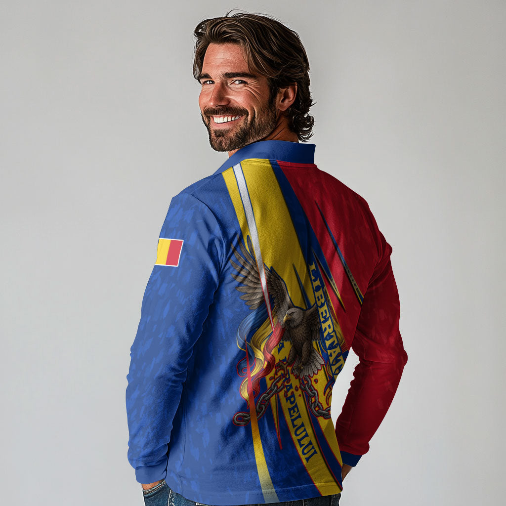 Romania Flag Day Long Sleeve Polo Shirt Libertate Ziua Drapelului - Eagle Patriotic Tricolor Floral