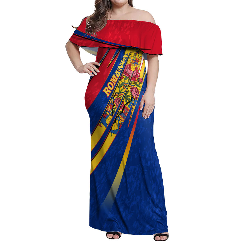 Romania Flag Day Off Shoulder Maxi Dress Libertate Ziua Drapelului - Eagle Patriotic Tricolor Floral